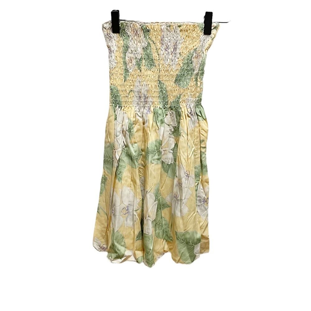 Vintage Light Yellow Hawaiian Aloha Floral Print Smocked Babydoll Top One Size
